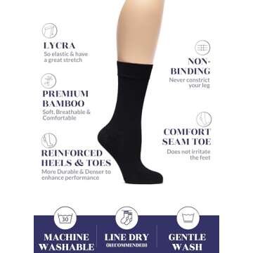 Hugh Ugoli Womens Bamboo Dress Socks, Crew Soft Thin Calf Socks for Business, Trouser & Casual, Black, 3 Pairs, Shoe Size: 6-9