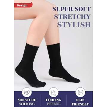 Hugh Ugoli Womens Bamboo Dress Socks, Crew Soft Thin Calf Socks for Business, Trouser & Casual, Black, 3 Pairs, Shoe Size: 6-9