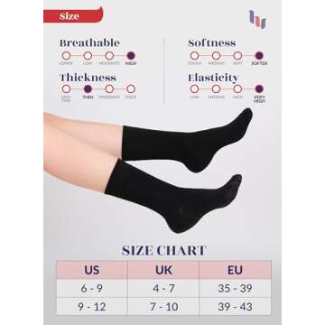 Hugh Ugoli Womens Bamboo Dress Socks, Crew Soft Thin Calf Socks for Business, Trouser & Casual, Black, 3 Pairs, Shoe Size: 6-9