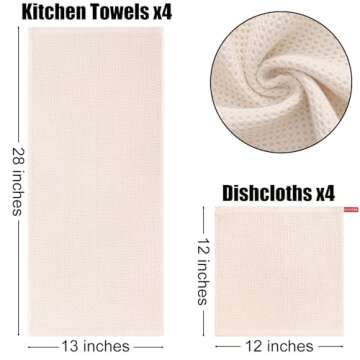 Kitinjoy 100% Cotton Kitchen Towels and Dishcloths Set, 8 Pack Waffle Weave Dish Towels Ultra Soft Absorbent Quick Drying Dish Rags, 13 x 28 Inch and 12 X 12 Inch, Beige