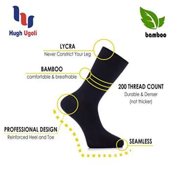 Hugh Ugoli Men's Bamboo Dress Socks for Business & Trouser, Thin & Seamless Crew Socks, 4 Pairs with Gift Box, Shoe Size 8-12