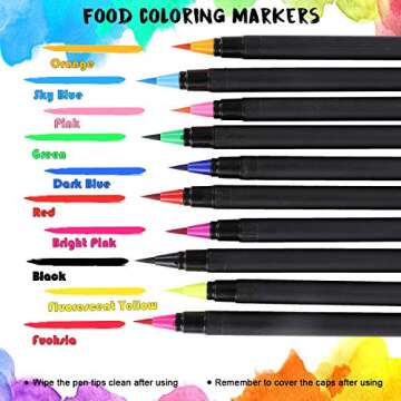 Food Coloring Marker Pens, 10Pcs Food Grade Edible Markers Food Writers for Decorating Fondant, Cakes, Cookies, Easter Eggs Painting Drawing Writing - Flexible Brush Tip, 10 Colors