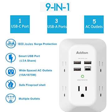 Addtam USB Wall Charger Surge Protector - 5 Outlets & 4 USB Ports