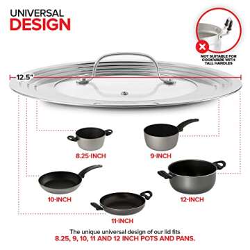 Modern Innovations Universal Lid with Tempered Glass Top for Pots & Pans, Fits 8.25, 9, 10, 11, and 12 Inch Cookware - Large Replacement Frying Pan Cover, Cast Iron Skillet Lids - Stainless Steel