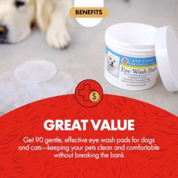 Miracle Care Eye Wash Pads - 90 count; Eye Care for Dogs and Cats, Soft Pet Wipes for Gently Cleaning Eyes, Sterile Cat and Dog Wipes Formulated to Remove Eye Debris