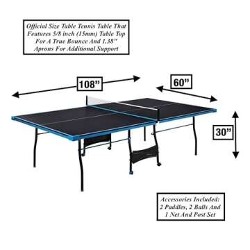 Black Blue Folding Rolling Table Tennis Table Indoor Ping Pong Table with 2 Paddles 2 Balls 1 Net and Post Set 4 Wheels for Easy Movement Perfect Christmas New Year Holiday Season Gifts