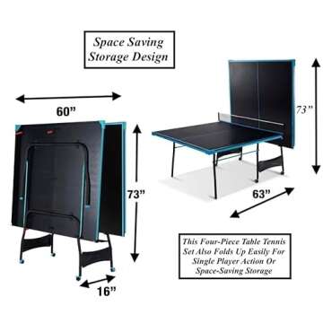 Black Blue Folding Rolling Table Tennis Table Indoor Ping Pong Table with 2 Paddles 2 Balls 1 Net and Post Set 4 Wheels for Easy Movement Perfect Christmas New Year Holiday Season Gifts