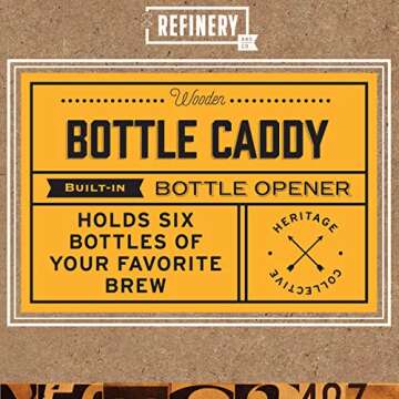 Refinery and Co. Wooden Bottle Caddy, Six-Pack Beer Carrier with Built-In Metal Bottle Opener, Moisture-Resistant Brew Holder, Protect Up to 6 Bottles of Craft Beer and Homebrew, Natural Vintage Stain