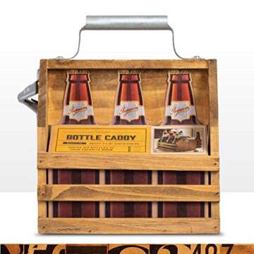 Refinery and Co. Wooden Bottle Caddy, Six-Pack Beer Carrier with Built-In Metal Bottle Opener, Moisture-Resistant Brew Holder, Protect Up to 6 Bottles of Craft Beer and Homebrew, Natural Vintage Stain