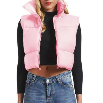 American Trends Vest for Women Pink Cropped Puffer Vests Sleeveless Womens Winter Vest Stand Collar Outwear Vest Jacket Pink Small