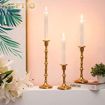 Nuptio Gold Candle Holders Taper Candlestick Holders Tall Thin Candle Sticks Candleholders Modern Metal Candle Holder for Wedding Gift Housewarming Gift Friendship Gifts Set of 3