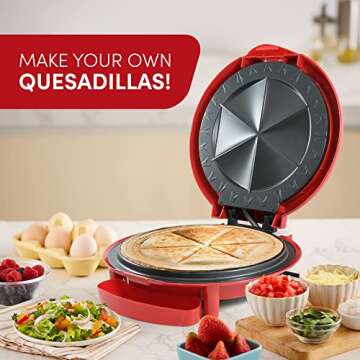 Elite Gourmet EQD-118# Electric Non-Stick 11" Quesadilla Maker, Easy-Slice 6-Wedge, Grilled Cheese Corn Flour Tortilla Snacks, Red