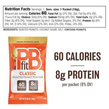 PBfit Peanut Butter Powder, Powdered Peanut Spread From Real Roasted Pressed Peanuts, 8g of protein 8% DV per packet, 0.56 oz (Pack of 30)