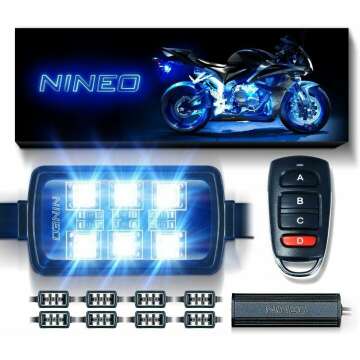 NINEO 8 pcs Motorcycle RGB LED Strip Lights, Multi-Color Neon w/Smart Remote Controller| Compatible with Carts Trikes Cruiser Scooter ATVs UTVs