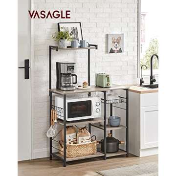 VASAGLE Baker's Rack, Microwave Stand, Kitchen Storage Rack with Wire Basket, 6 Hooks, and Shelves, for Spices, Pots, and Pans, Heather Greige and Ink Black UKKS035B02