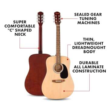 Fender FA-25 Dreadnought Acoustic Guitar, Beginner Guitar, with 2-Year Warranty, Includes Free Lessons, Natural