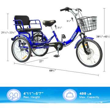 Adult Tricycle 7 Speed, 20 Inch 3 Wheel Bikes Folding Tricycle for Adults for Women/Men/Seniors, Fork Shock Absorption Wheel Bike w/Front&Rear Basket for Shopping/Children