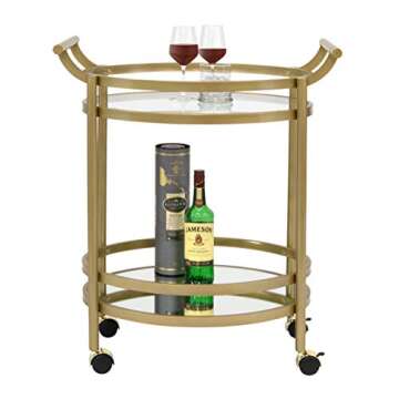 Studio Designs Home Palazzo Modern 2-Tier Oval Metal Rolling Bar, Serving, Utility Mobile Cart with Handles and Spill Guard in Gold/Clear Glass and Mirror, 27" W x 17.5" D x 33.25" H,