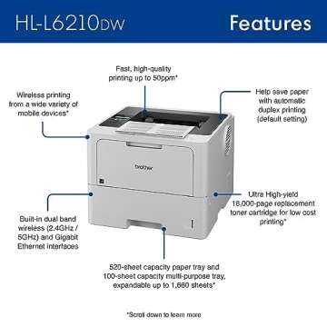 Brother HL-L6210DW Business Monochrome Laser Printer with Large Paper Capacity, Wireless Networking, and Duplex Printing, White