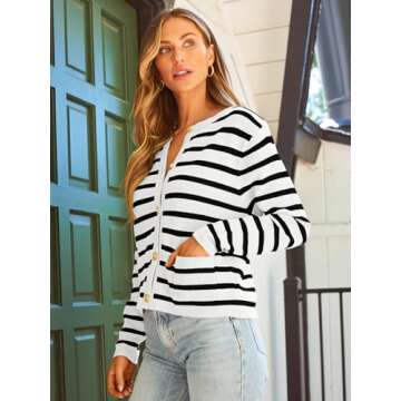 LILLUSORY Women's Striped Cardigan Sweaters Fall Outfits Clothes Fashion Trendy Long Sleeve Tops Casual Knit Lady Jackets White Black M