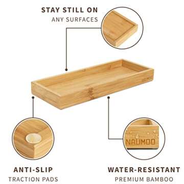 NAUMOO Natural Bamboo Vanity Tray - Slip-Resistant Wooden Bathroom Organizer for Toilet Tank and Counter Top - Spa Home and Kitchen Decor Wood Holder (Small)