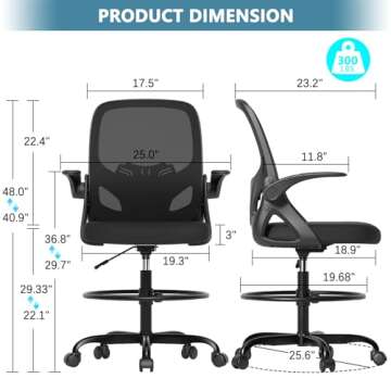 Kensaker Tall Drafting Chair with Footrest Ring for Home and Work, Ergonomic Home Desk Office Chair with Flip up Arms and Lumbar Support, Tall Extended Height Executive Home Desk Office Chair(Black)