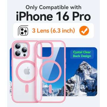 CANSHN Clear Magnetic Compatible with iPhone 16 Pro Case [Compatible with Magsafe] [Not Yellowing] Slim Thin Shockproof Protective Bumper Phone Case Cover 6.3 Inch - Pink