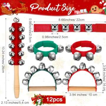 Lukmaa 12 PCS Christmas Hand Jingle Bells Wooden Handle Bells Wrist Band Shaking Bells Stick Musical Percussion Instrument Bells for Xmas Holiday Music Enlightenment Birthday Party Favors(Red, Green)