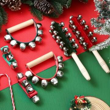 Lukmaa 12 PCS Christmas Hand Jingle Bells Wooden Handle Bells Wrist Band Shaking Bells Stick Musical Percussion Instrument Bells for Xmas Holiday Music Enlightenment Birthday Party Favors(Red, Green)