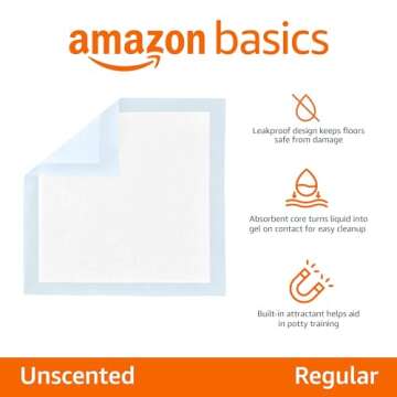 Amazon Basics Dog and Puppy Pee Pads with Leak-Proof Quick-Dry Design for Potty Training, Standard Absorbency, Regular Size, 22 x 22 Inches, Pack of 100, Blue & White