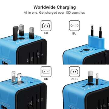 HAOZI Universal Travel Adapter, All-in-one International Power Adapter with 2.4A Dual USB, European Wall Charger for UK, EU, AU, Asia Covers 150+Countries (Blue)