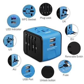 HAOZI Universal Travel Adapter, All-in-one International Power Adapter with 2.4A Dual USB, European Wall Charger for UK, EU, AU, Asia Covers 150+Countries (Blue)