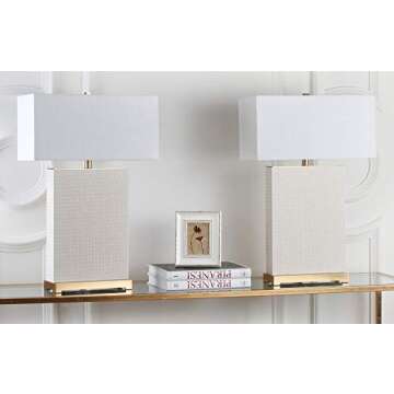 SAFAVIEH Lighting Collection Joyce Modern Art Deco Cream Faux Woven Leather Rectangle Shade 28-inch Bedroom Living Room Home Office Desk Nightstand Table Lamp Set of 2 (LED Bulbs Included)