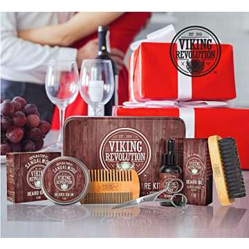 Viking Revolution Ultimate Grooming Kit for Men - Boar Brush, Wood Comb, Sandalwood Balm & Oil, Scissors for Beard & Mustache