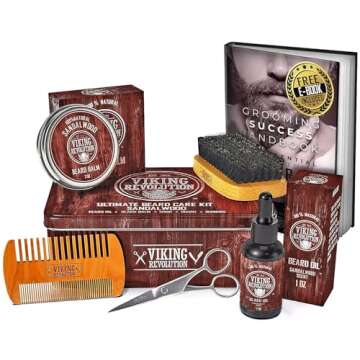 Viking Revolution Ultimate Grooming Kit for Men - Boar Brush, Wood Comb, Sandalwood Balm & Oil, Scissors for Beard & Mustache