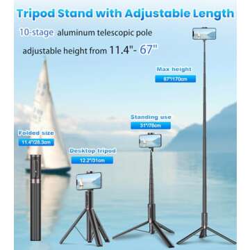 TONEOF 67" Cell Phone Selfie Stick Tripod,Smartphone Tripod Stand All-in-1 with Integrated Wireless Remote,Portable,Lightweight,Extendable Phone Tripod for iPhone/Android(Black)