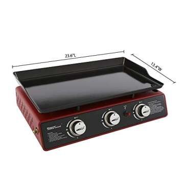 Royal Gourmet PD1301R Portable 24-Inch 3-Burner Table Top Gas Grill Griddle with Cover, 25,500 BTUs, Outdoor Cooking Camping or Tailgating, Red