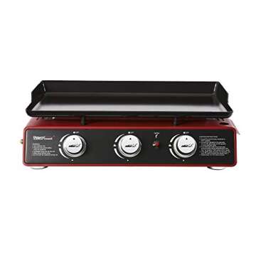 Royal Gourmet PD1301R Portable 24-Inch 3-Burner Table Top Gas Grill Griddle with Cover, 25,500 BTUs, Outdoor Cooking Camping or Tailgating, Red