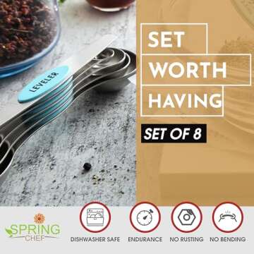 Spring Chef Stainless Steel Magnetic Measuring Spoons Set of 8 with Leveler, Nesting Metal Teaspoon & Tablespoon Measuring Spoons, Fits in Spice Jars, Kitchen Gadgets for Baking & Cooking - Aqua Sky