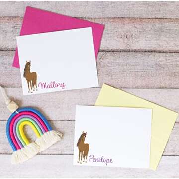 Personalized Horse Stationary for Girls, Horse Note Cards with Envelopes, A2 FLAT Cards, Choose Ink and Envelope Color, Stationery for Kids, Horse Riding Gifts for Girls