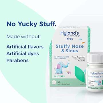 Hyland's Kids Stuffy Nose & Sinus Tablets, Cold & Allergy Medicine for Children Ages 2+, Headache Relief & Nasal Decongestant, Quick Dissolving Tablets, 50 Count