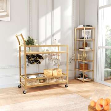 Furmax Bar Cart Gold Home Industrial Mobile Bar Cart Serving Wine Cart on Wheels with Wine Rack and Glass Holder 2 Storage Shelves, Beverage Cocktail Cart for The Home Kitchen Dining Party