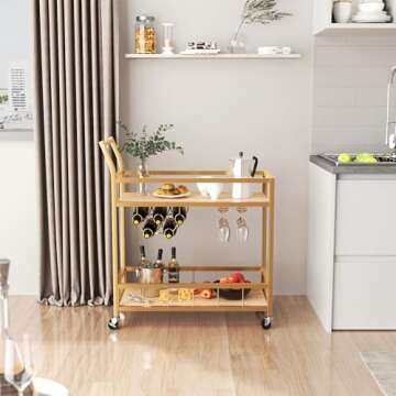 Furmax Bar Cart Gold Home Industrial Mobile Bar Cart Serving Wine Cart on Wheels with Wine Rack and Glass Holder 2 Storage Shelves, Beverage Cocktail Cart for The Home Kitchen Dining Party