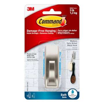 Command Modern Reflections Metal Bath Hook, Medium, Satin Nickel, 1-Hook with Water-Resistant Strips (MR02-SN-BES), Organize your dorm