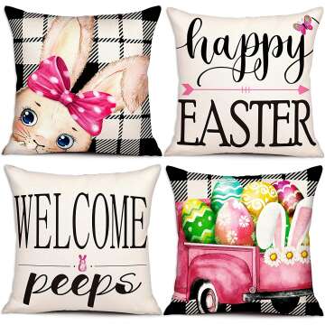Geefuun Easter Pillow Covers 18x18 Set of 4 - Easter Decorations Throw Couch Pillow Cases for Home Holiday Linen Zipper Pillowcase Party Decor