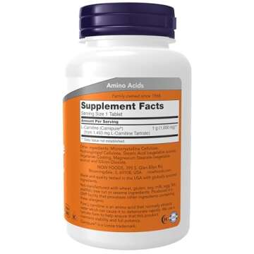 NOW Foods Supplements, L-Carnitine 1,000 mg, Purest Form, Amino Acid, Fitness Support*, 50 Tablets