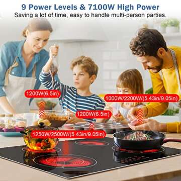 Karinear Electric Cooktop 30 Inch, 4 Burners 7100W Built-in Radiant Electric Stove Top, Ceramic Cooktop with Glass Protection Metal Frame, Kid Safety Lock, Timer, Pause,220-240v Hard Wire, No Plug