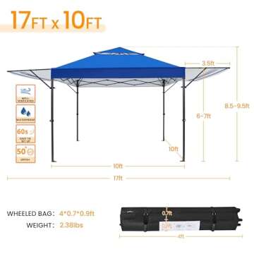 Yaheetech 10x17ft Pop Up Canopy with Awnings, Outdoor Canopy Tent, Heavy Duty Instant Beach Sun Shelter with Adjustable Dual Half Awnings & Wheeled Carry Bag, 4 Sandbags, One-Handed Set-up, Blue