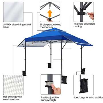 Yaheetech 10x17ft Pop Up Canopy with Awnings, Outdoor Canopy Tent, Heavy Duty Instant Beach Sun Shelter with Adjustable Dual Half Awnings & Wheeled Carry Bag, 4 Sandbags, One-Handed Set-up, Blue