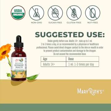 MaryRuth Organics USDA Organic Respiratory Health Liquid Drops with Mullein Leaf | Marshmallow Root & Elderberry | Mullein Drops for Lungs Herbal Blend | Immune Support Supplement | Vegan | 1 Fl Oz